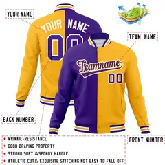 Purple Yellow-Purple Two Tone Split Varsity Full-Snap Letterman Jacket 4