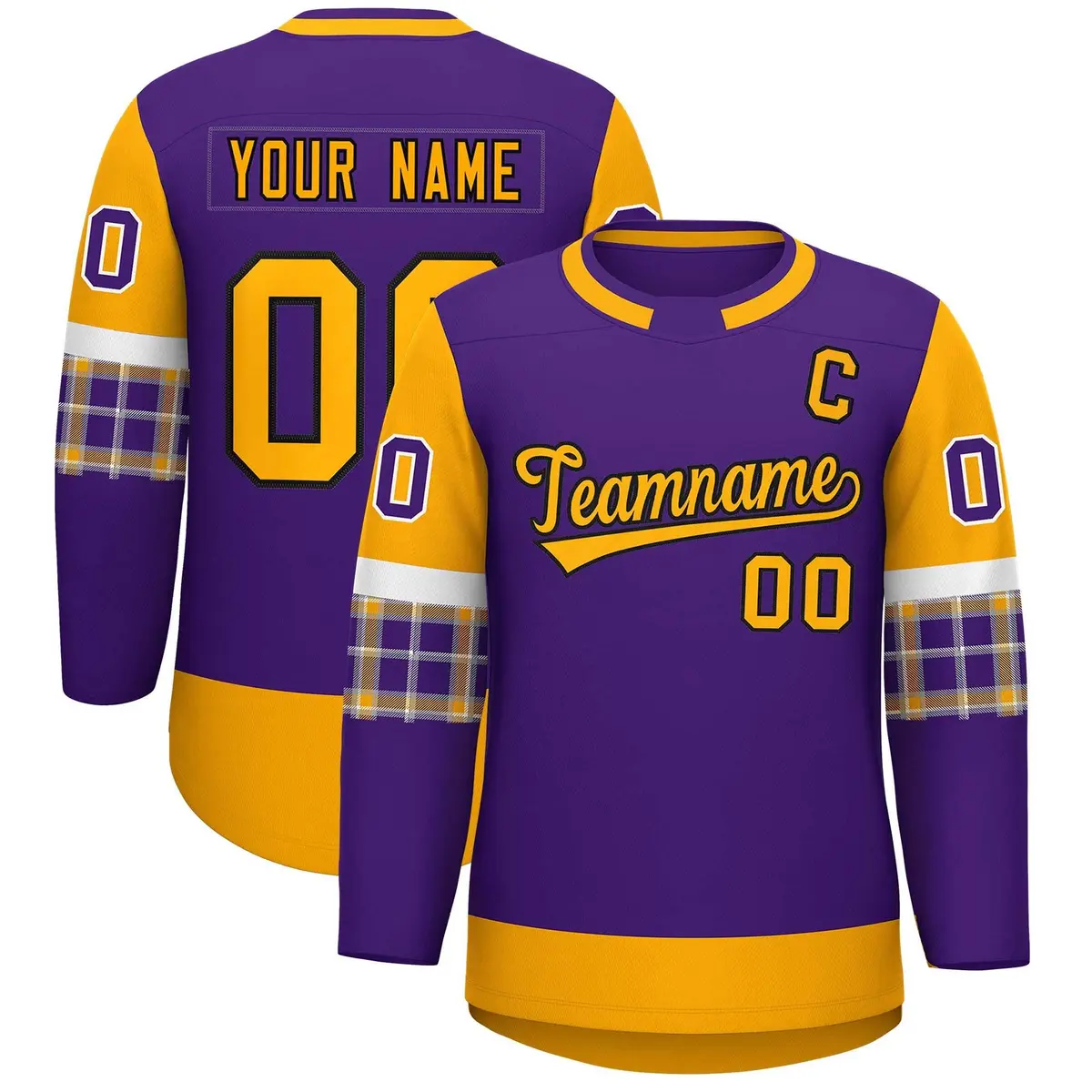 Purple Yellow Raglan Sleeves Round-Neck Hockey Jersey