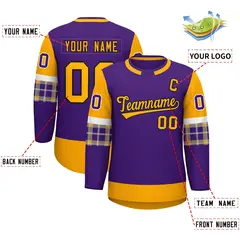 Purple Yellow Raglan Sleeves Round-Neck Hockey Jersey 2