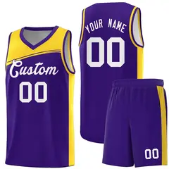 Purple Yellow-White Color Block Basketball Team Jersey