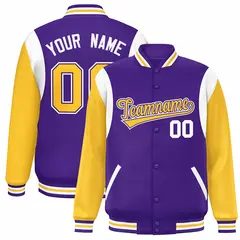 Purple Yellow-White Color Block Varsity Full-Snap Baseball Jacket