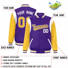 Purple Yellow-White Color Block Varsity Full-Snap Baseball Jacket 2