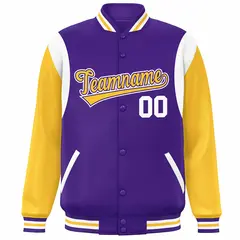 Purple Yellow-White Color Block Varsity Full-Snap Baseball Jacket 3
