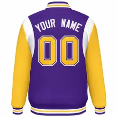 Purple Yellow-White Color Block Varsity Full-Snap Baseball Jacket 4