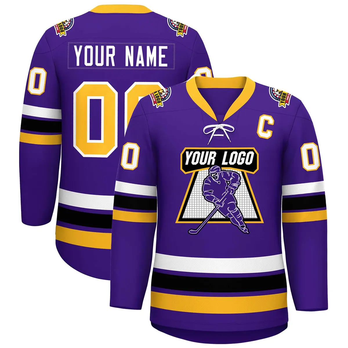 Purple Yellow-White Lace-Up Neck Hockey Jersey
