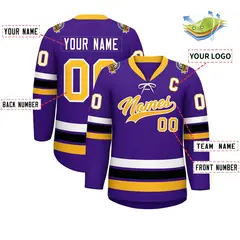 Purple Yellow-White Lace-Up Neck Hockey Jersey 8