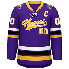 Purple Yellow-White Lace-Up Neck Hockey Jersey 9