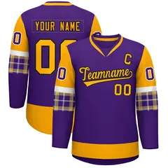 Purple Yellow-White Raglan Sleeves V-Neck Hockey Jersey