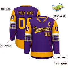 Purple Yellow-White Raglan Sleeves V-Neck Hockey Jersey 2