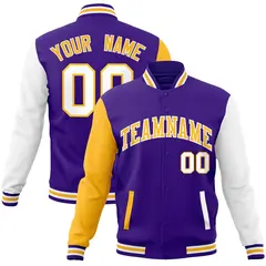 Purple Yellow White Raglan Varsity Full-Snap Letterman Jacket