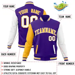 Purple Yellow White Raglan Varsity Full-Snap Letterman Jacket 4