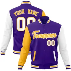 Purple Yellow White Raglan Varsity Full-Snap Letterman Jacket