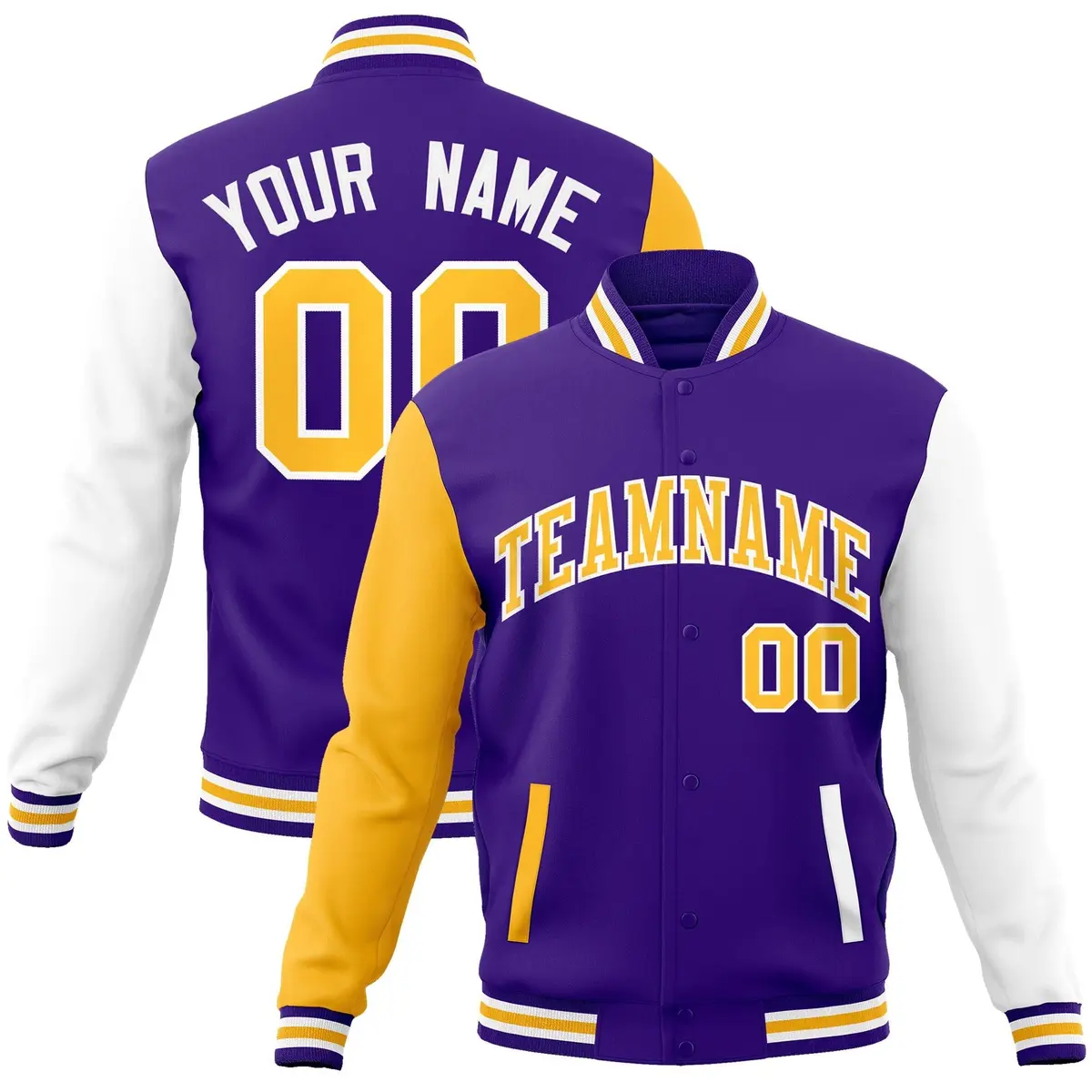 Purple Yellow White Raglan Varsity Full-Snap Letterman Jacket