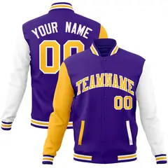 Purple Yellow White Raglan Varsity Full-Snap Letterman Jacket