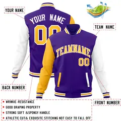 Purple Yellow White Raglan Varsity Full-Snap Letterman Jacket 4