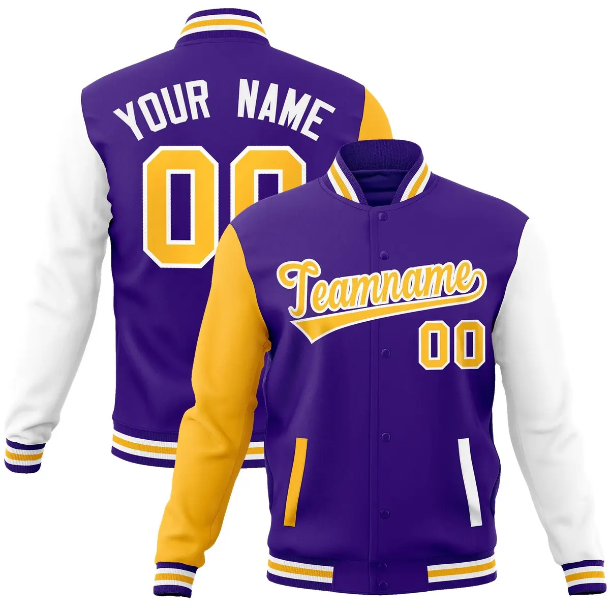 Purple Yellow White Raglan Varsity Full-Snap Letterman Jacket
