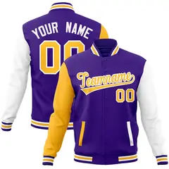 Purple Yellow White Raglan Varsity Full-Snap Letterman Jacket