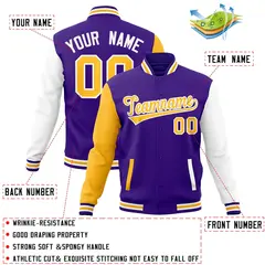 Purple Yellow White Raglan Varsity Full-Snap Letterman Jacket 4