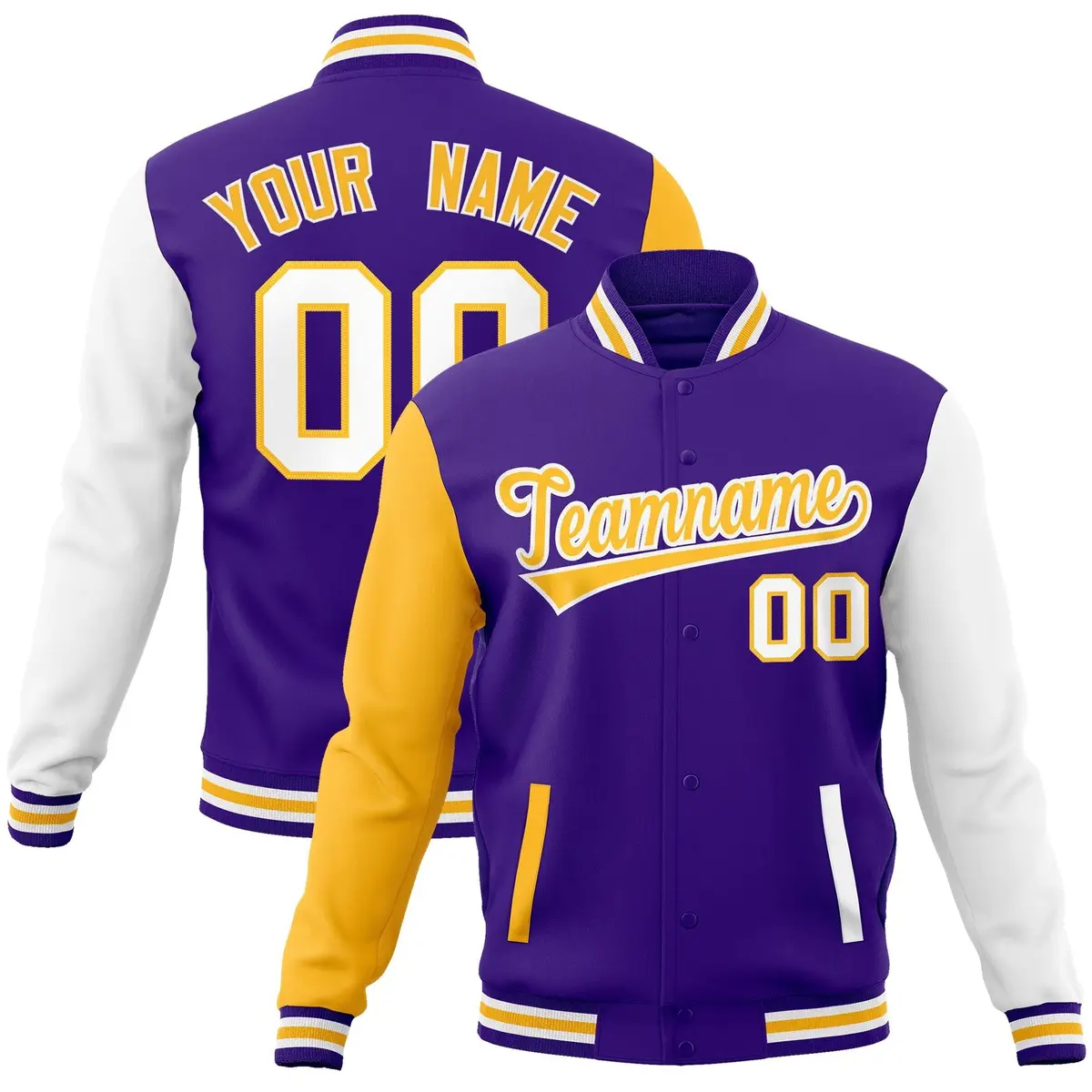 Purple Yellow White Raglan Varsity Full-Snap Letterman Jacket