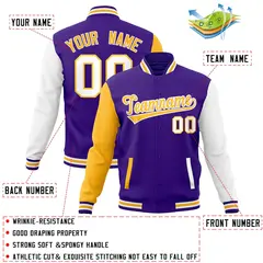 Purple Yellow White Raglan Varsity Full-Snap Letterman Jacket 4