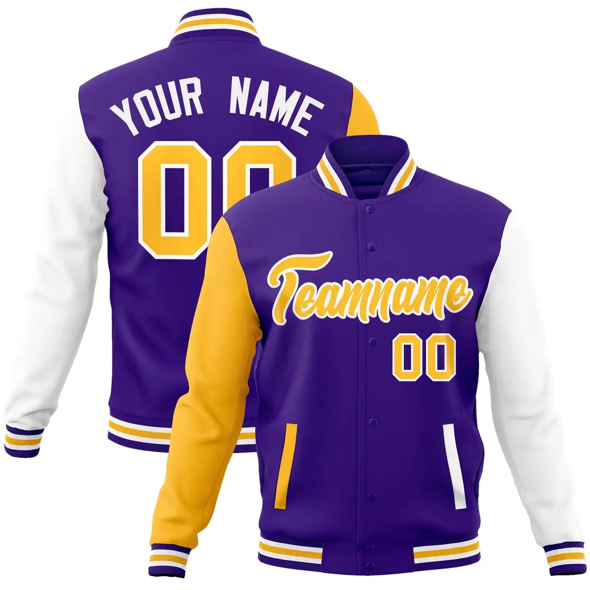 Purple Yellow White Raglan Varsity Full-Snap Letterman Jacket