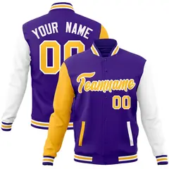 Purple Yellow White Raglan Varsity Full-Snap Letterman Jacket 1