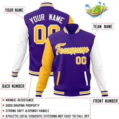 Purple Yellow White Raglan Varsity Full-Snap Letterman Jacket 4