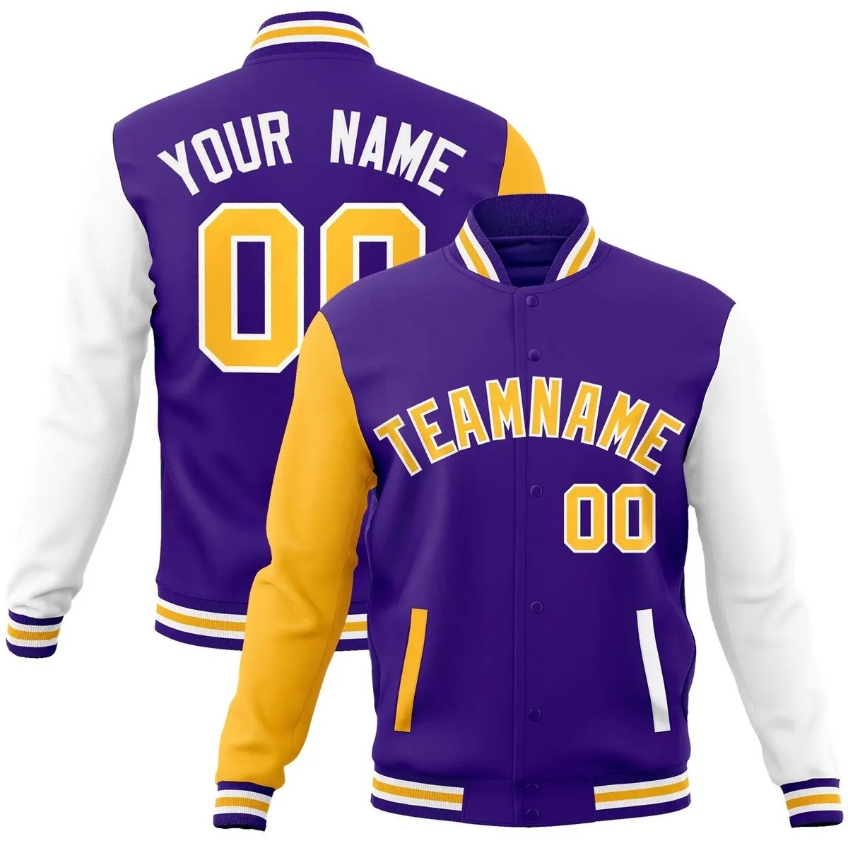 Purple Yellow White Raglan Varsity Full-Snap Letterman Jacket