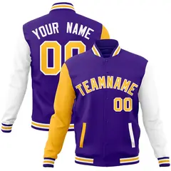 Purple Yellow White Raglan Varsity Full-Snap Letterman Jacket 1