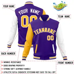 Purple Yellow White Raglan Varsity Full-Snap Letterman Jacket 4