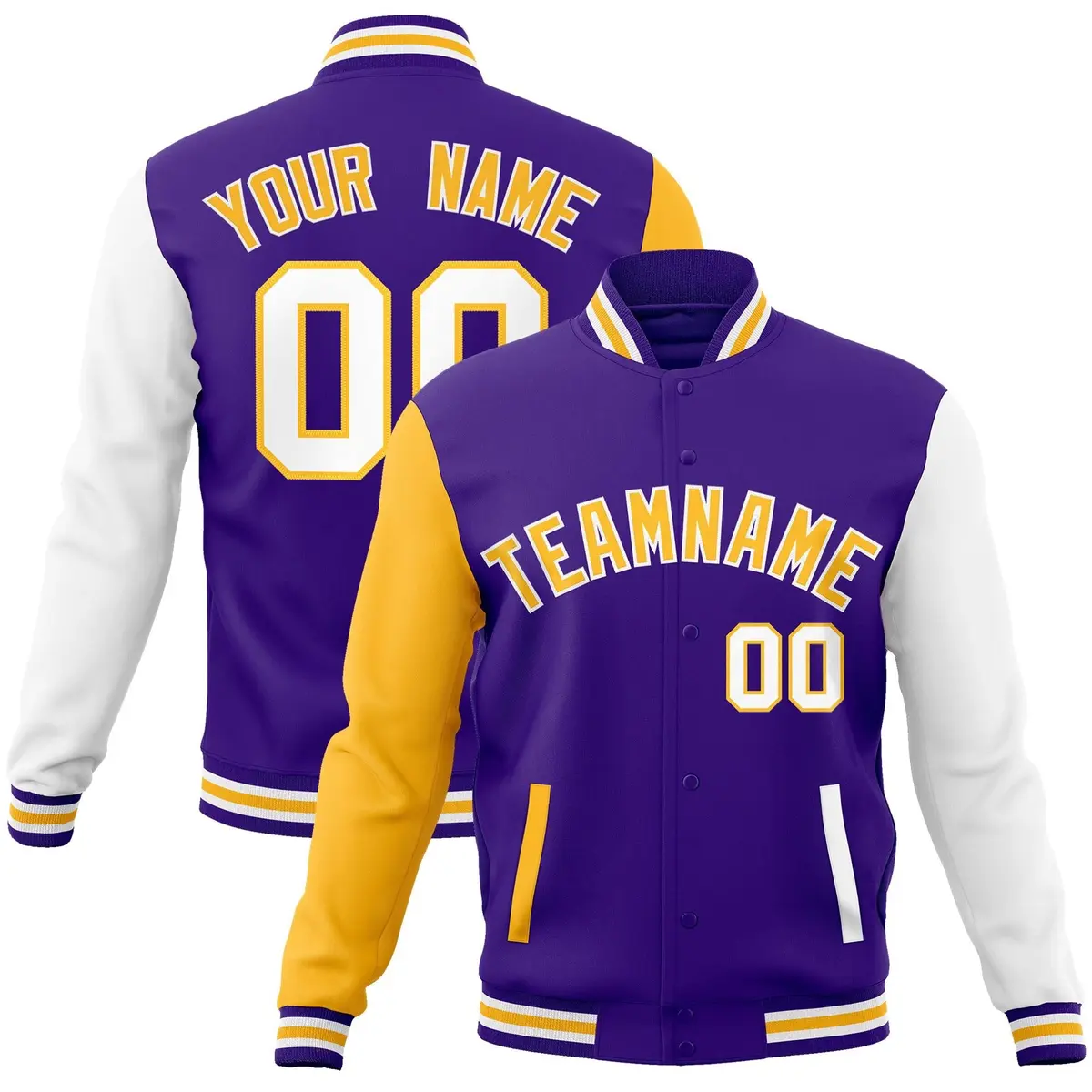 Purple Yellow White Raglan Varsity Full-Snap Letterman Jacket