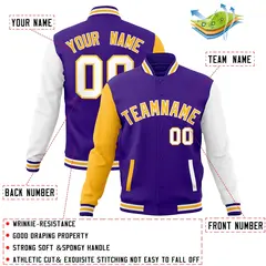 Purple Yellow White Raglan Varsity Full-Snap Letterman Jacket 4