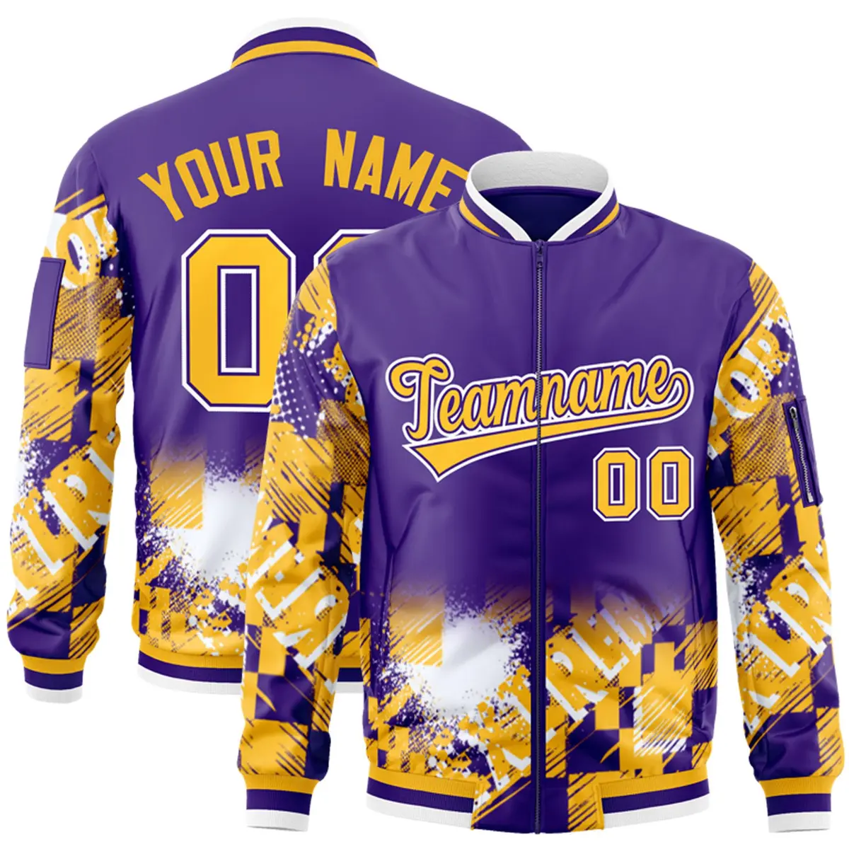 Purple Yellow-White Street Graffiti Full-Zip Letterman Jacket