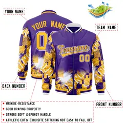 Purple Yellow-White Street Graffiti Full-Zip Letterman Jacket 2