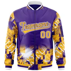 Purple Yellow-White Street Graffiti Full-Zip Letterman Jacket 3
