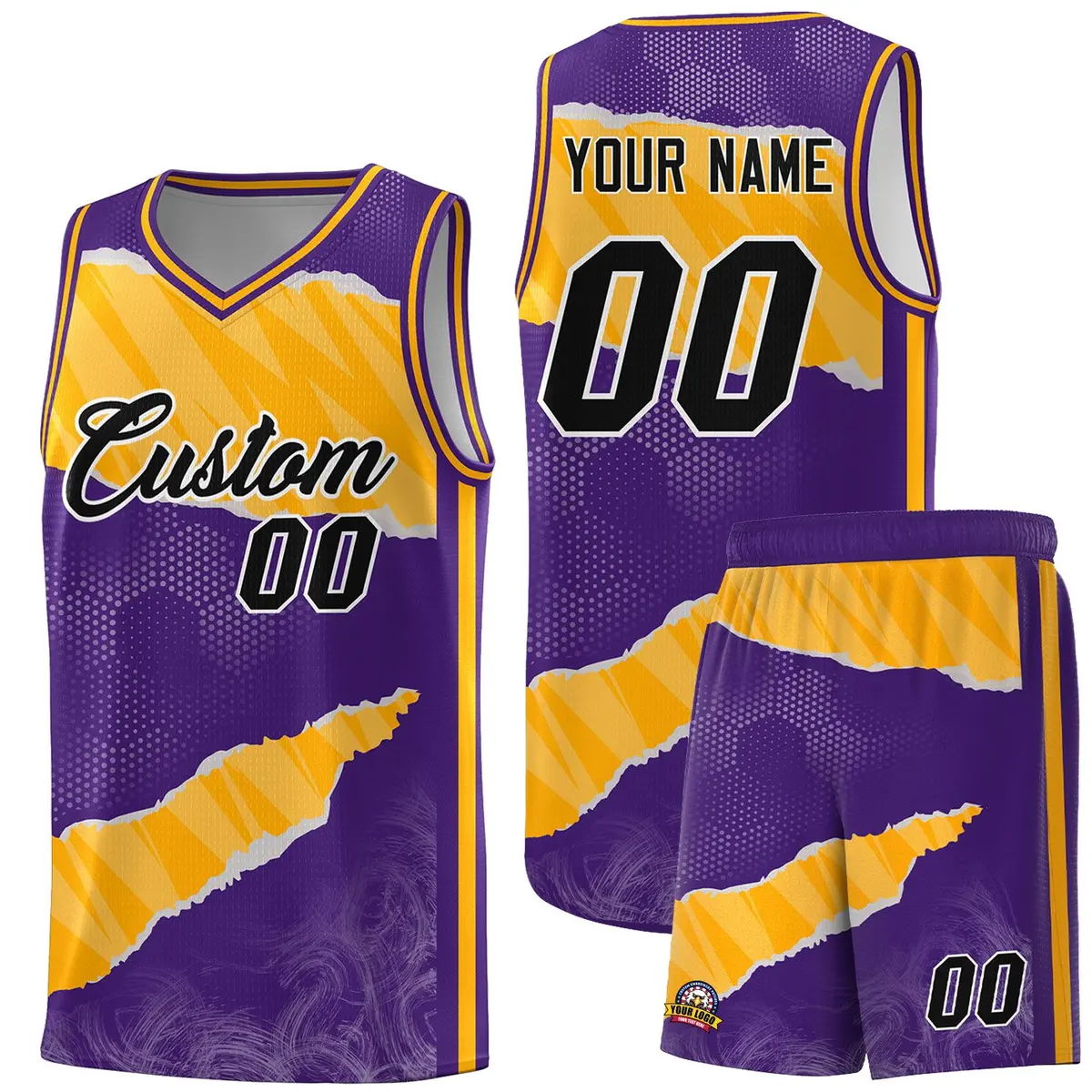 Purple Yellow-White Tear Graffiti Sports Basketball Jersey