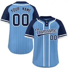 Raglan Two-Button Softball Jersey Light Blue Navy-White Stripe