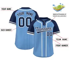 Raglan Two-Button Softball Jersey Light Blue Navy-White Stripe 2
