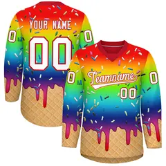 Rainbow White Ice Cream Pattern V-Neck Hockey Jersey