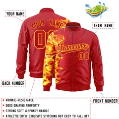 Red 3D Flame Full-Zip Varsity Letterman Bomber Jacket 2
