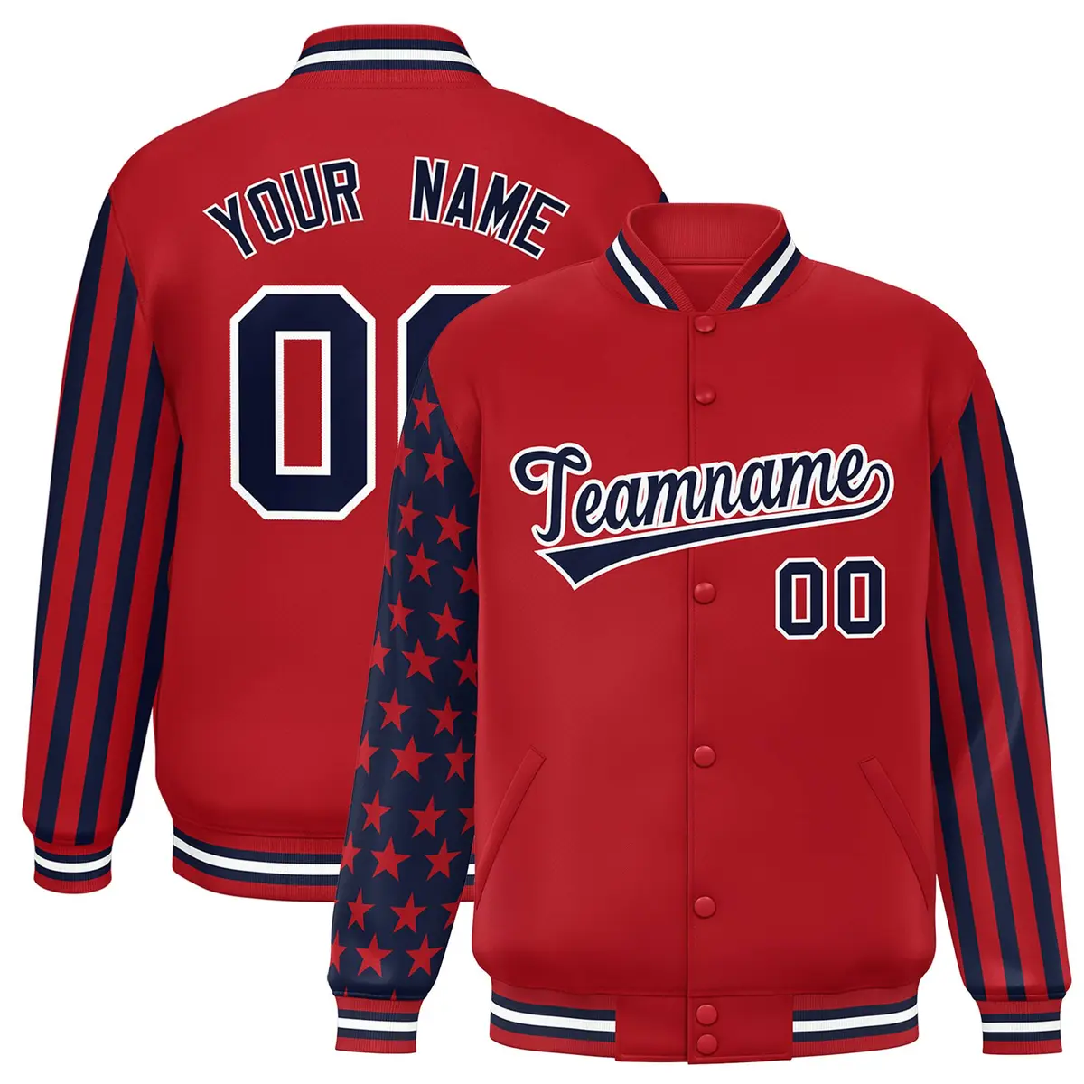 Red American Flag Raglan Sleeves Varsity Full-Snap Letterman Bomber Jacket