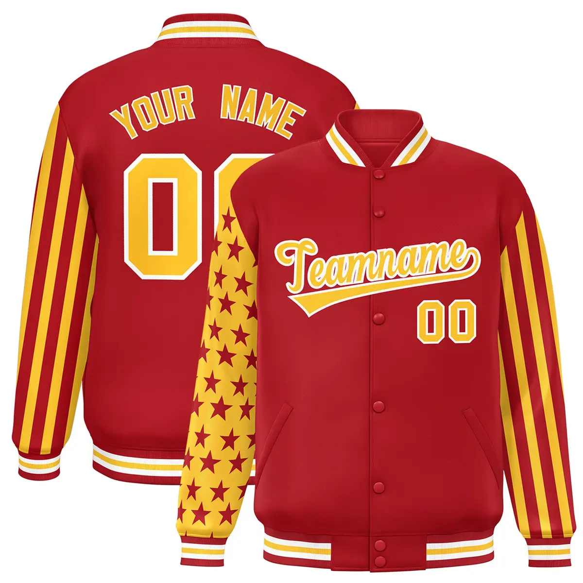 Red American Flag Raglan Sleeves Varsity Full-Snap Letterman Bomber Jacket