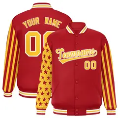 Red American Flag Raglan Sleeves Varsity Full-Snap Letterman Bomber Jacket 1