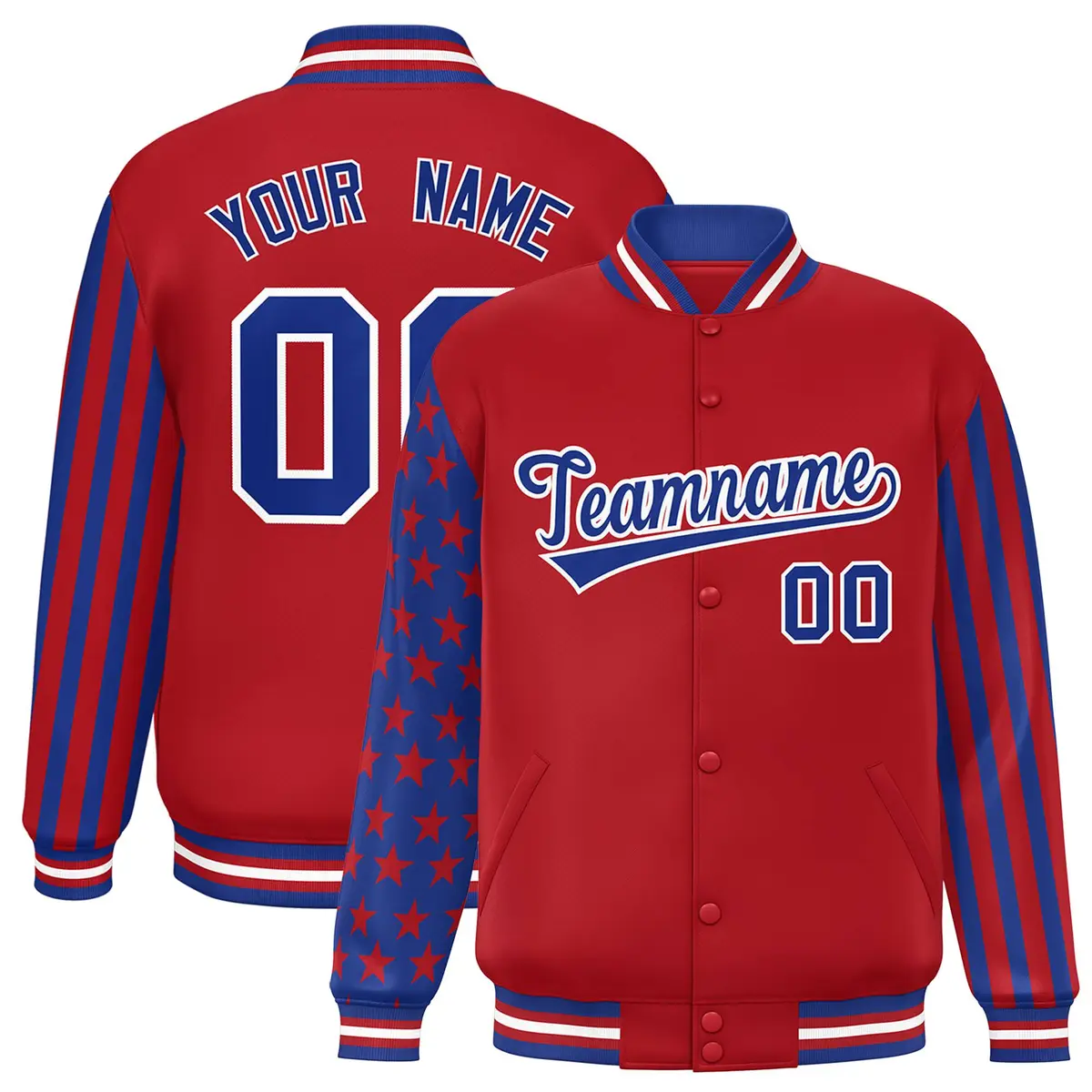 Red American Flag Raglan Sleeves Varsity Full-Snap Letterman Bomber Jacket