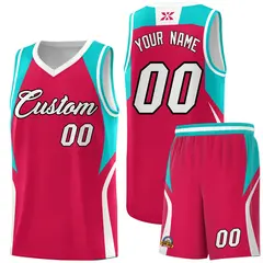 Red Aqua and White Color Block Basketball Uniform Jersey