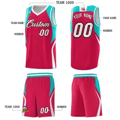 Red Aqua and White Color Block Basketball Uniform Jersey 5