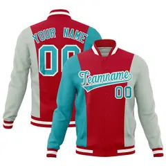Red Aqua Gray Three Color Block Varsity Letterman Jacket 1