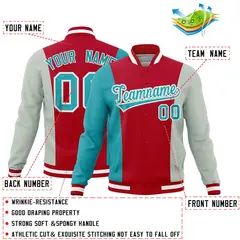 Red Aqua Gray Three Color Block Varsity Letterman Jacket 2