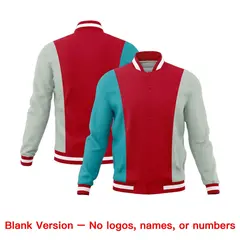 Red Aqua Gray Three Color Block Varsity Letterman Jacket 7