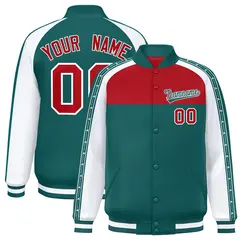 Red Aqua K-Ribbon Raglan Color Block Full-Snap Letterman Jacket